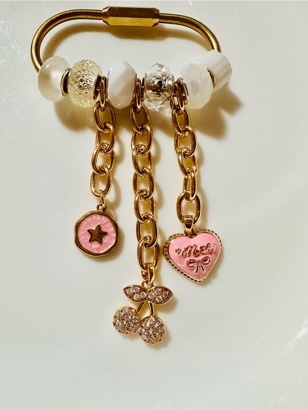 Gold Charm Keyring with Pink Heart, Cherry & Star Charms